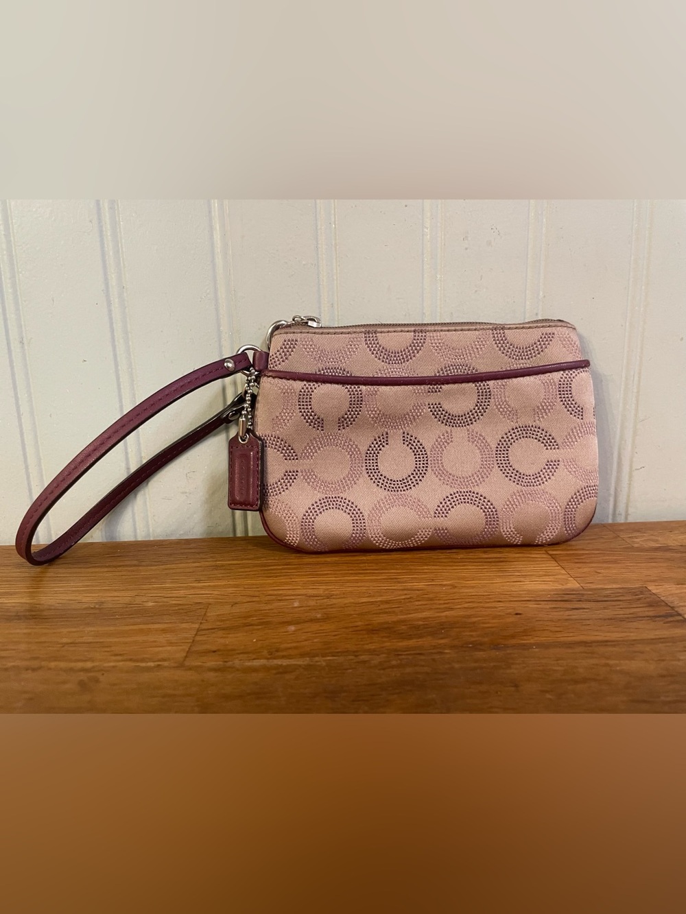 Coach Op Art Signature C Dot Khaki/Purple Wristlet Wallet